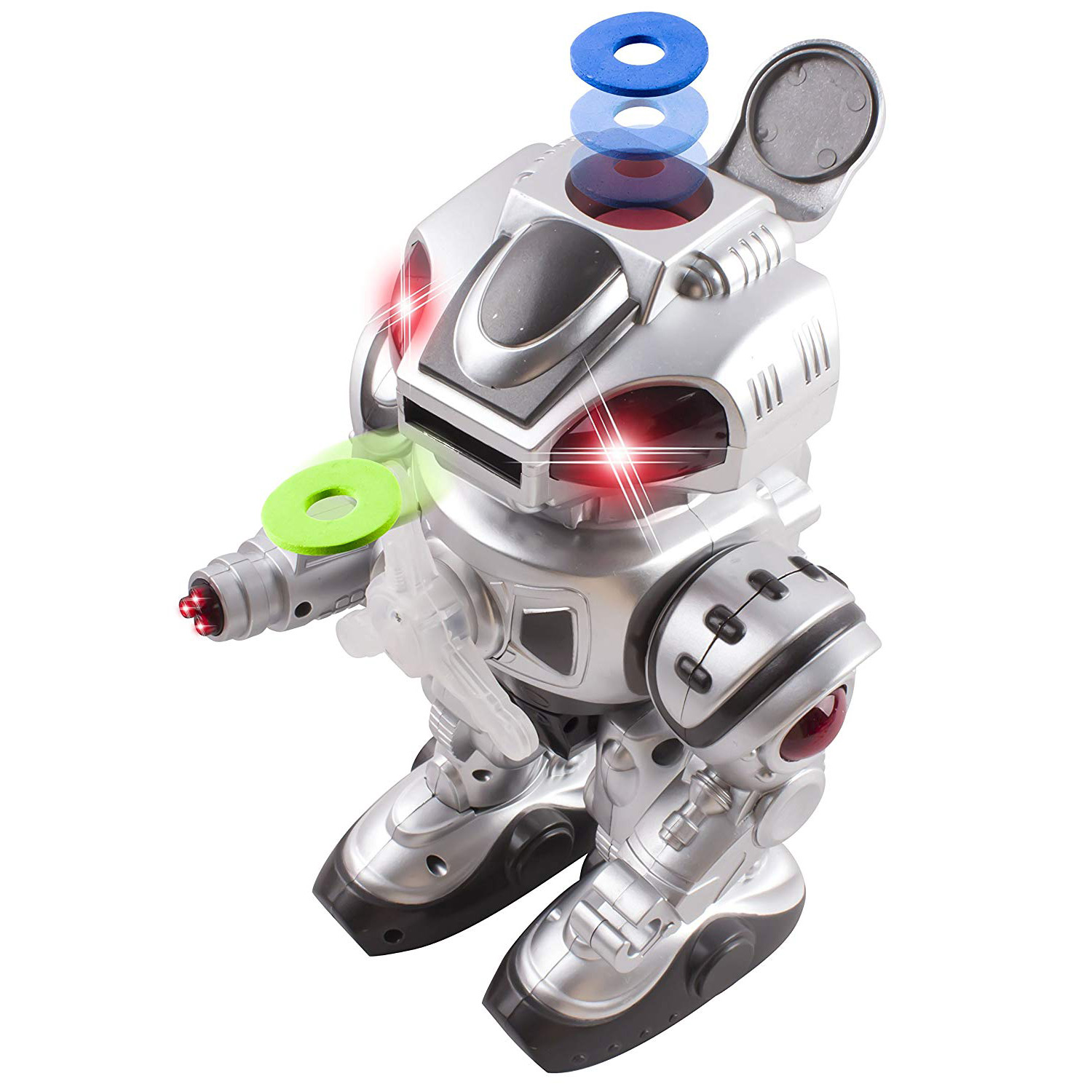 Super Android Toy Robot With Disc Shooting Walking Flashing Lights And Sound Features Great Action Toy For Kids Boys Girls Toddlers Battery Operated Silver KD-8802A