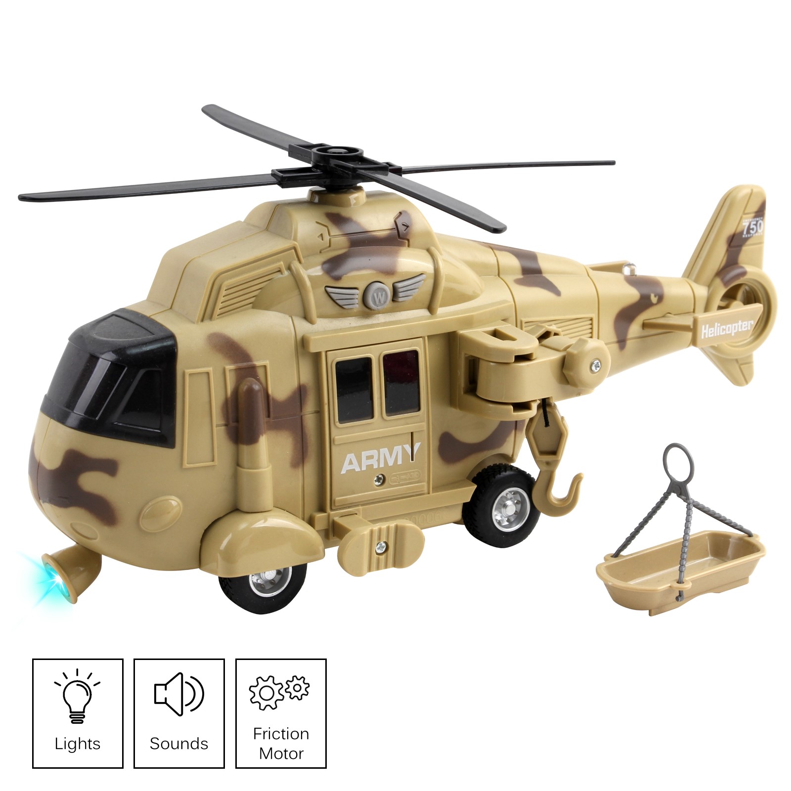 Vokodo Military Helicopter 11 With Lights Sounds Push And Go Includes Rescue Basket Durable Toy Friction Power Kids Army Soldier Chopper Pretend Play Truck Great Gift For Children Boys Girls Toddlers